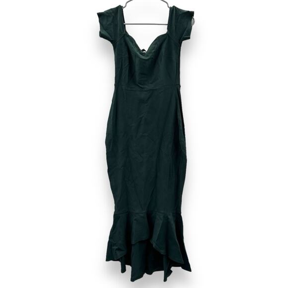 Lulus How Much I Care Dark Green Off-the-Shoulder Ruffle Hem Midi‎ Dress Sz S - Picture 3 of 12